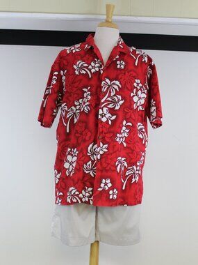 Pacific Legend Hawaiian Shirt XL Red White Floral Palm Aloha Button Up Beach Res